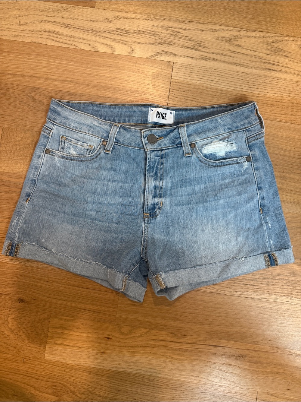 PAIGE Jimmy Jimmy Faded Light Blue Distressed Denim Cutoff Shorts